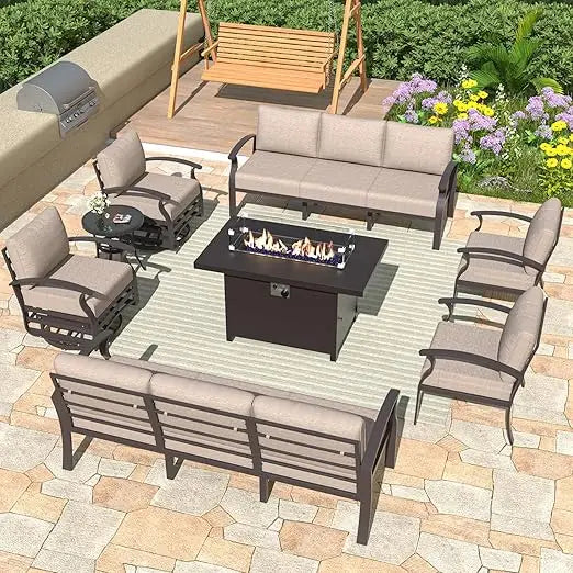 Outdoor Sofa Set,Propane Fire Pit Table 10 seat Metal Outdoor Furniture W/Fire Pit Patio Sectional,Aluminum Patio Furniture Set