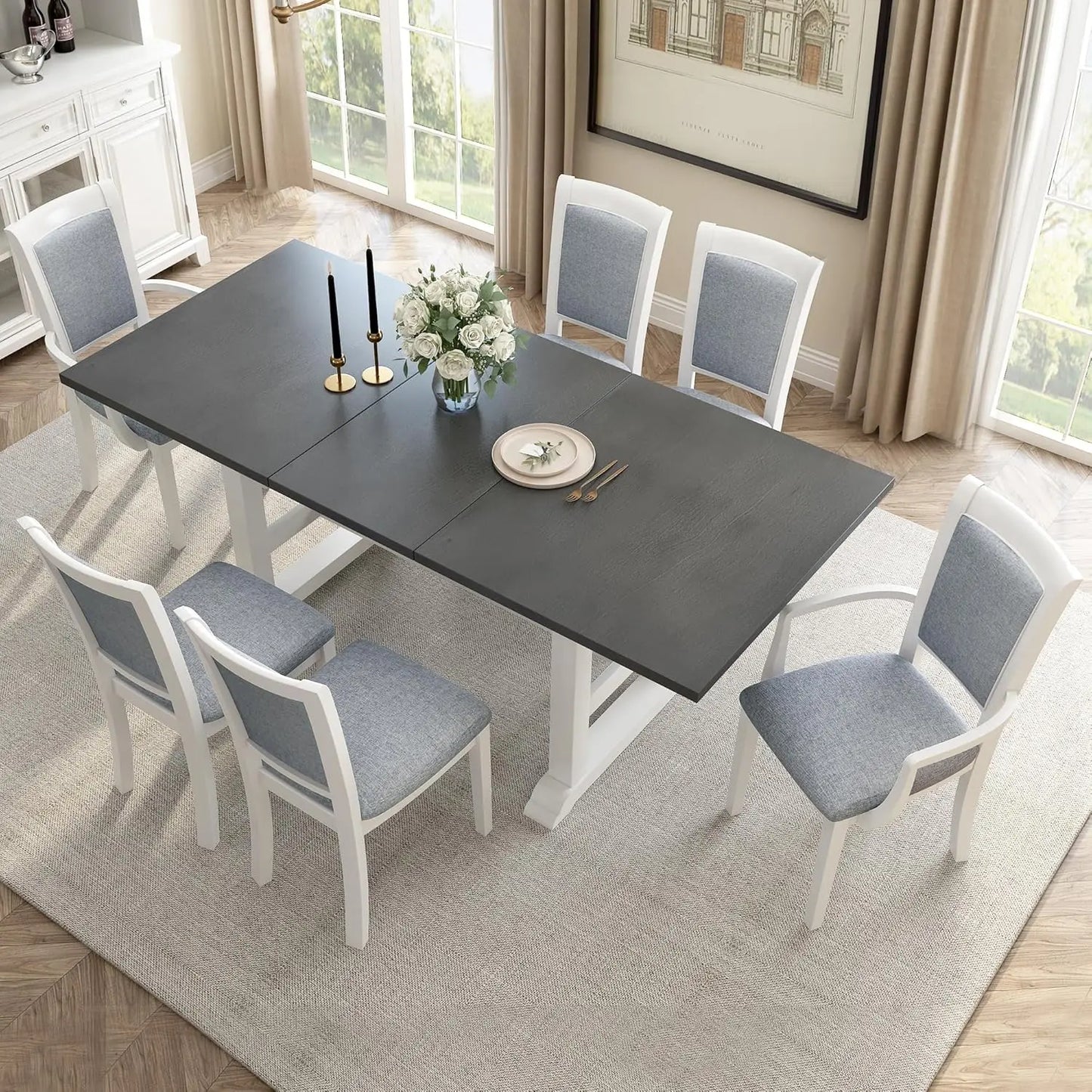 7-Piece Dining Table Set, 76.9inch Extendable Trestle Dining Table with Upholstered Side Chair and Arm Chair, Dining Table Set