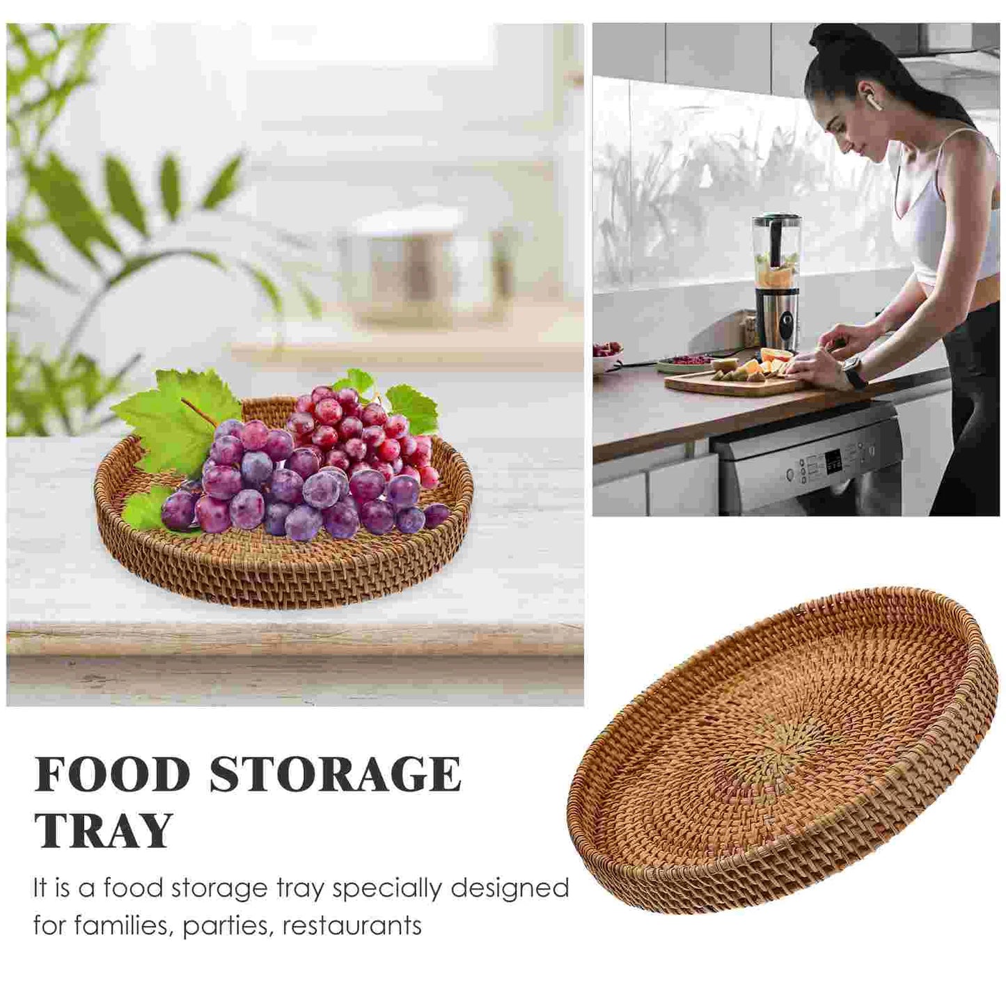 Multifunction Rattan Storage Basket Food Tray Woven Bread Multi-function Coffee