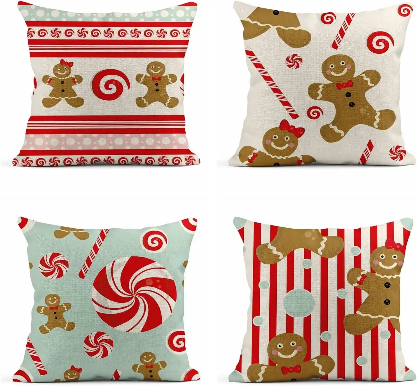 Throw Pillowcase Red and White Candy Cane Gingerbread Man Square Linen Home Decoration Cushion Cover Sofa 45x45 pillow case