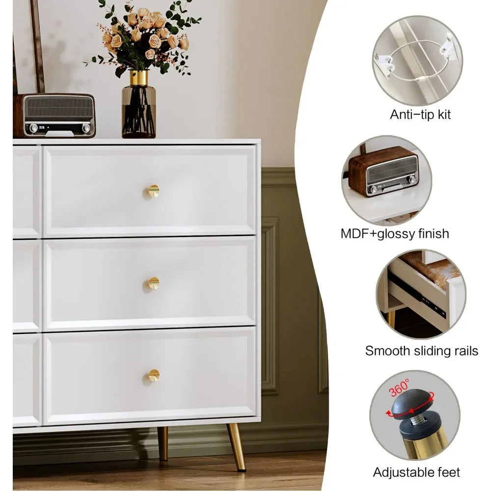 White 6 Drawer Dresser for Bedroom, Large Double Dresser with Wide Drawers, Modern Chest of Drawers