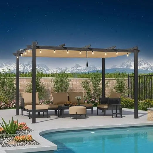 10x 13Outdoor Aluminum Pergola,Patio Metal Pergola with Double Sun Shade Canopy and String Lights,Heavy-Duty Retractable Pergola