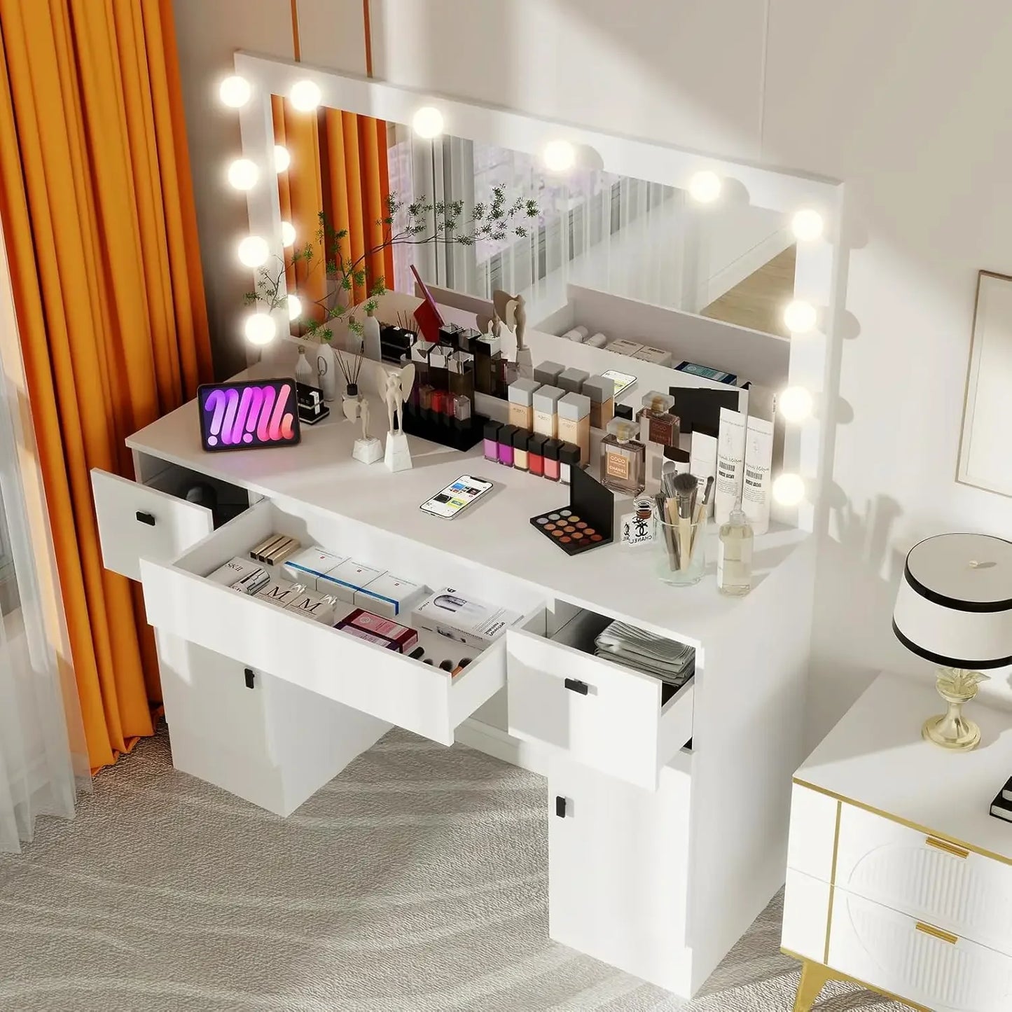 Vanity Desk with Mirror and Lights,with Power Outlet,Makeup Table with Drawers and Cabinet,3 Lighting Modes Adjustable