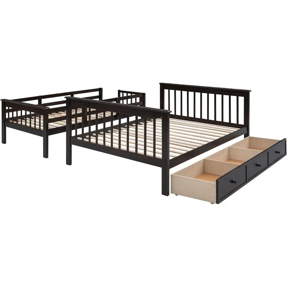 Bunk Bed ,with Stairs, with Storage Drawers and Shelves, No Box Spring Needed, Wood Bunk Bed Frame