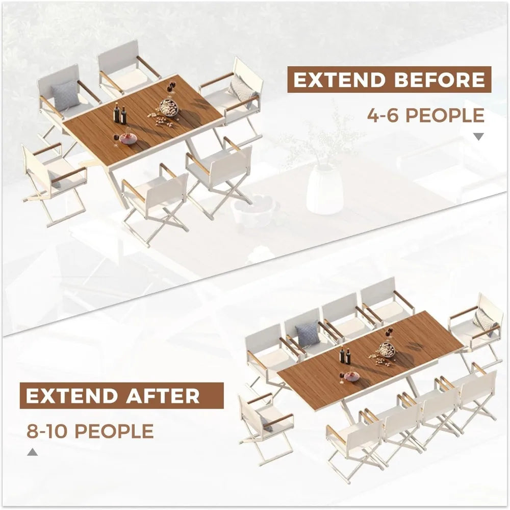 7-Piece Outdoor Dining Set, 6 Extra-Wide Foldable Chairs & 1 Extendable Table, Wood Grain Tabletop, Mesh Patio Furniture Set