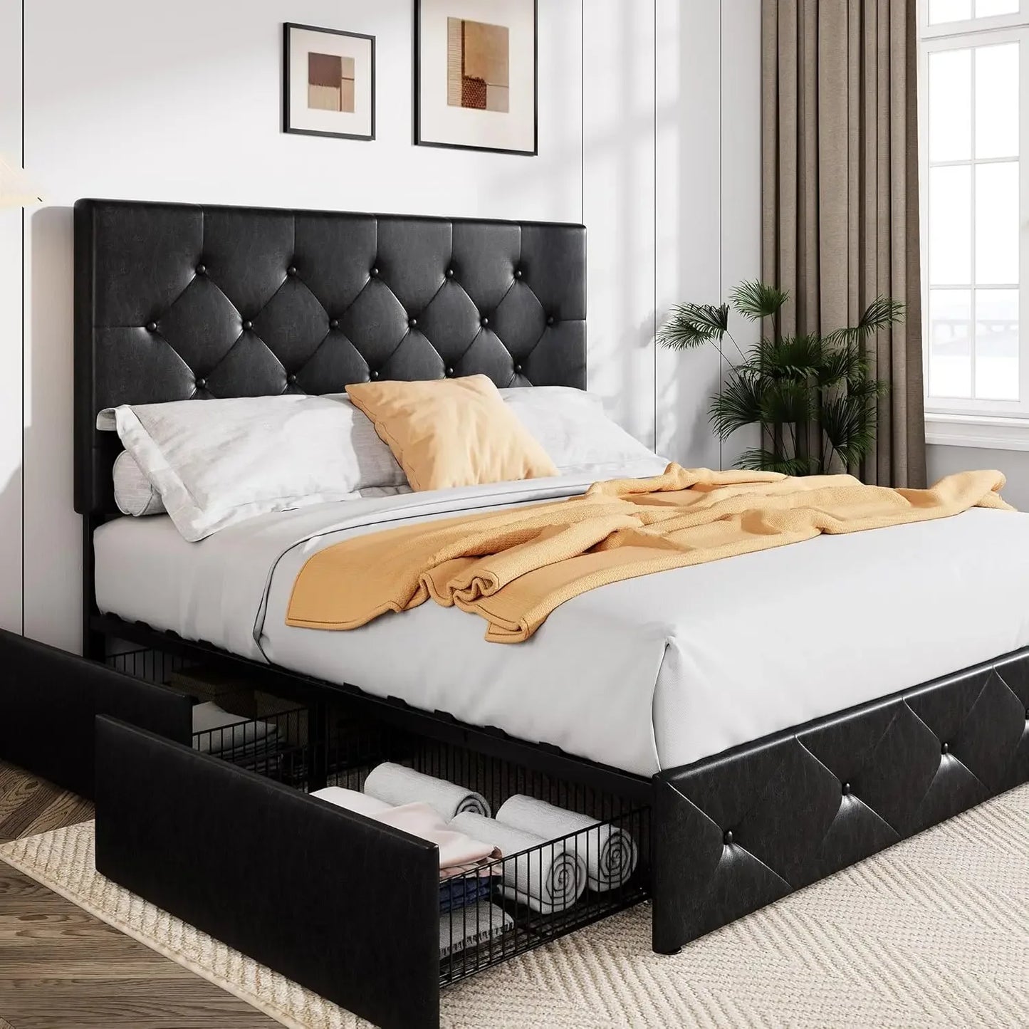 Upholstered Queen Size Platform Bed Frame with 4 Storage Drawers and Headboard,Square Stitched Button Tufted,Mattress Foundation