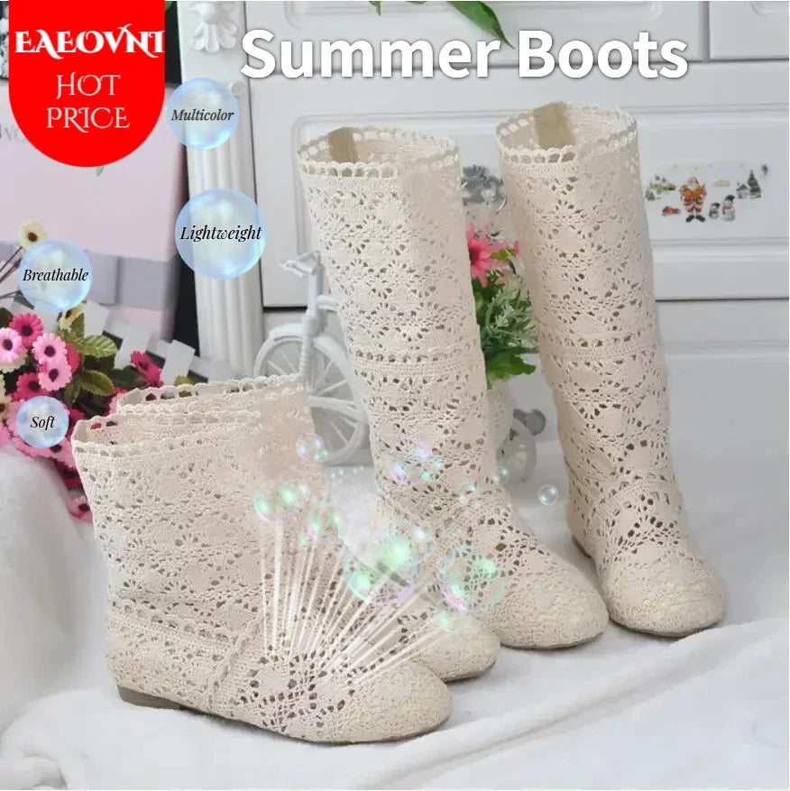 Women's spring high boots wool hollow boots fashion luxury brand summer white lace boots ladies hollow flat casual shoes