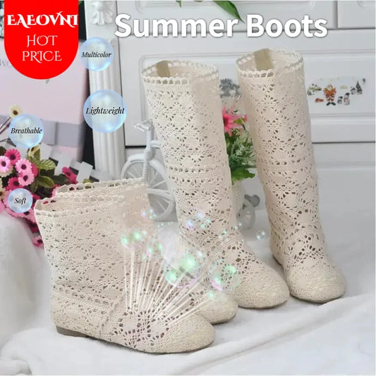 Women's spring high boots wool hollow boots fashion luxury brand summer white lace boots ladies hollow flat casual shoes