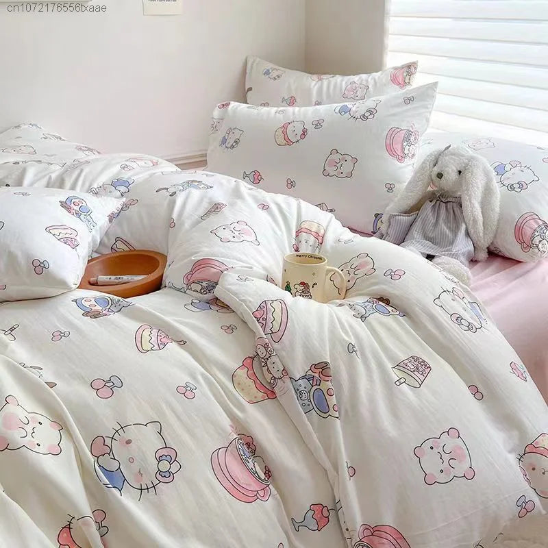 Sanrio Hello Kitty Cartoon Four Piece Sets Household Bedroom Sweet Cute Student Dormitory Bed Quilt Cover Sheet With Pillowcases