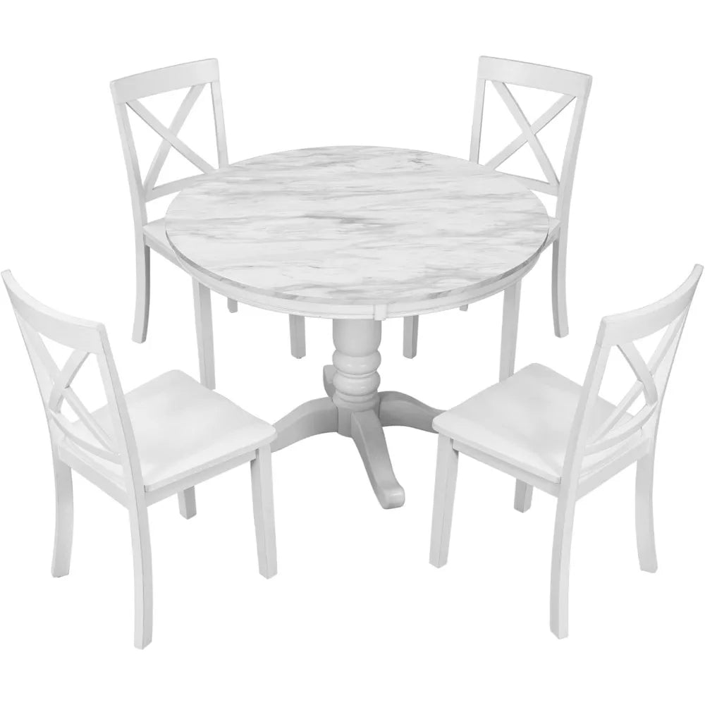 5-Piece Round Table and Chairs Set, with Marble Veneer Top and Wood Frame ,Dining Table and Chairs