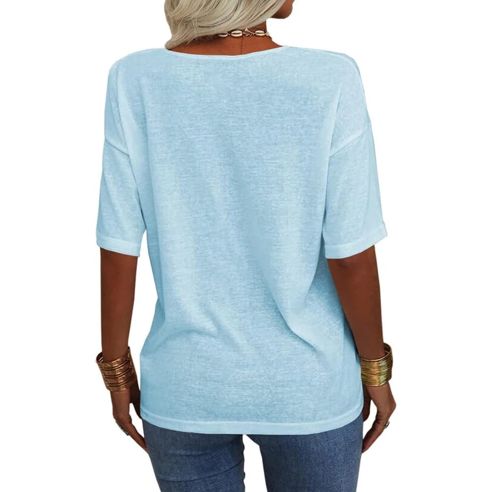 Women Fashion V-neck Half Sleeves Oversized T Shirt Solid Casual Loose Basic Tops