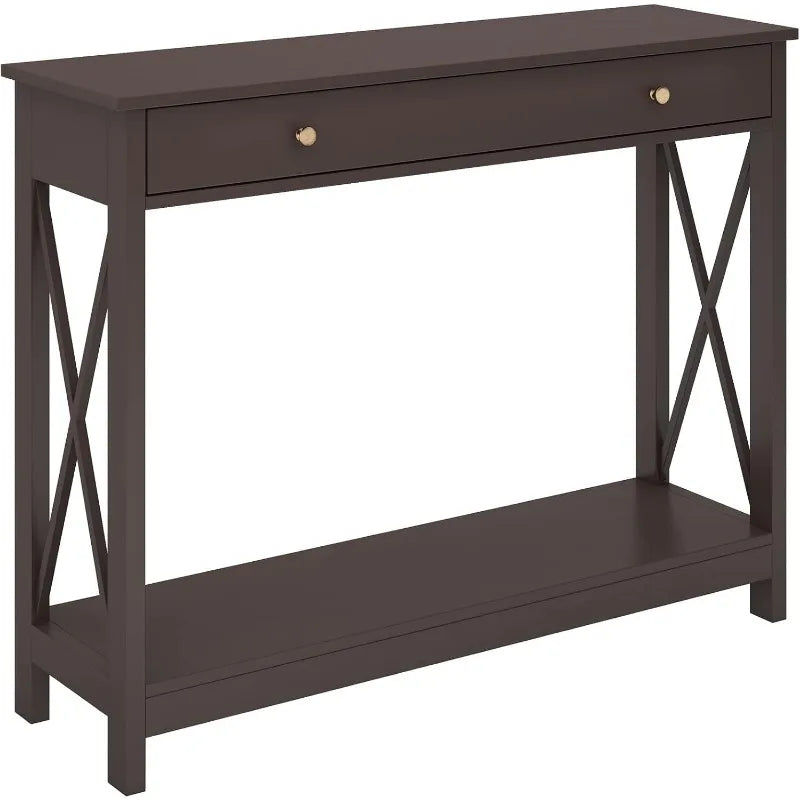 Black Console Table with Drawer and Storage Shelves, Foyer Sofa Table Narrow for Entryway, Living Room, Hallway