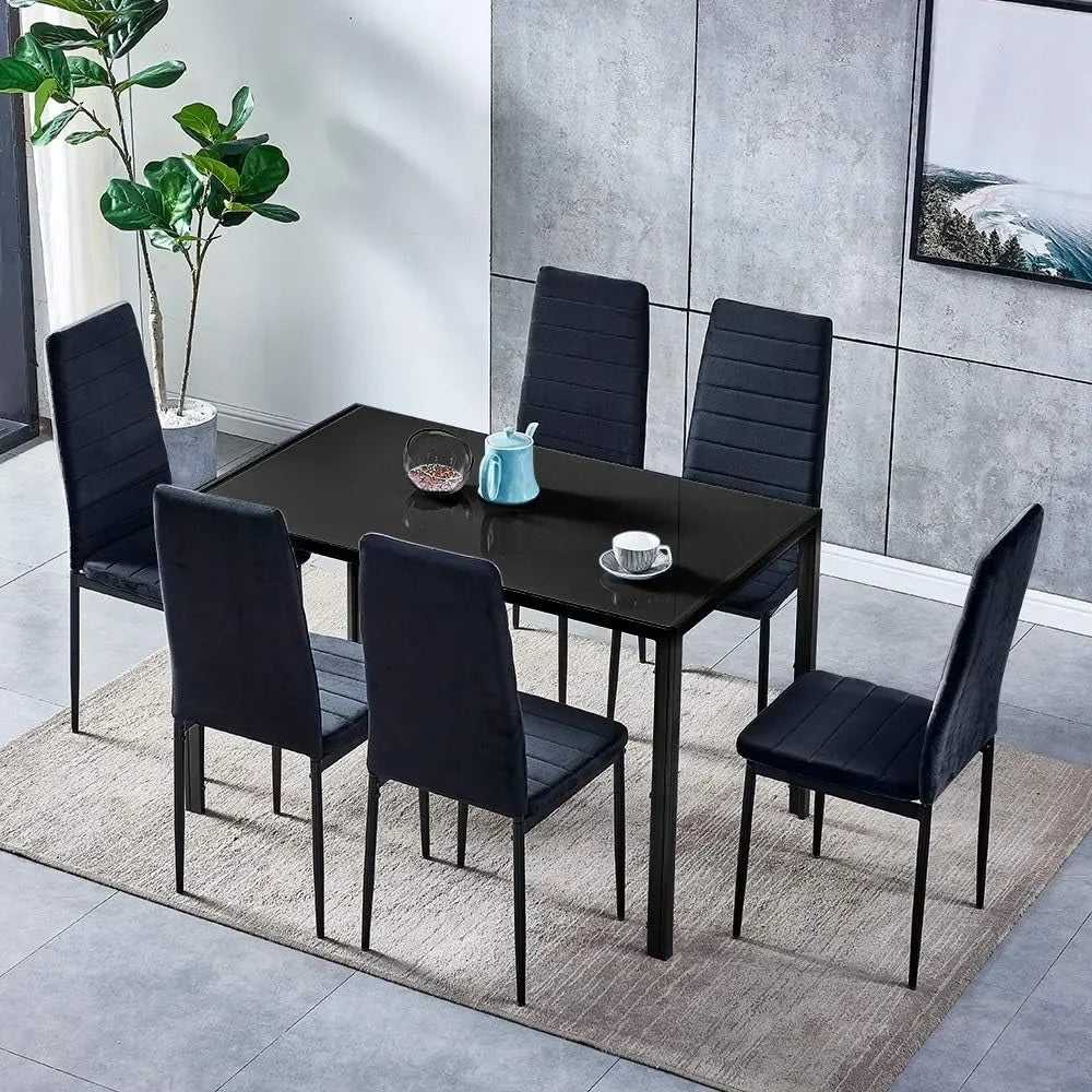 7Piece Modern Black Dining Table and Chairs Set of 6for Small Kitchen,Glass Tempered Rectangular Table and 6 Black Velvet Chairs