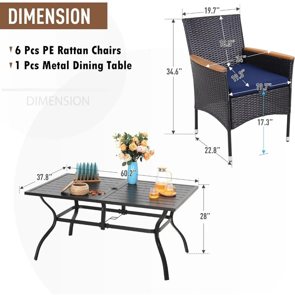 7 Pieces Patio Dining Set,All Weather Dining Set for 6, Patio Table and Chairs Set, Rectangular Outdoor Table and Rattan Chairs