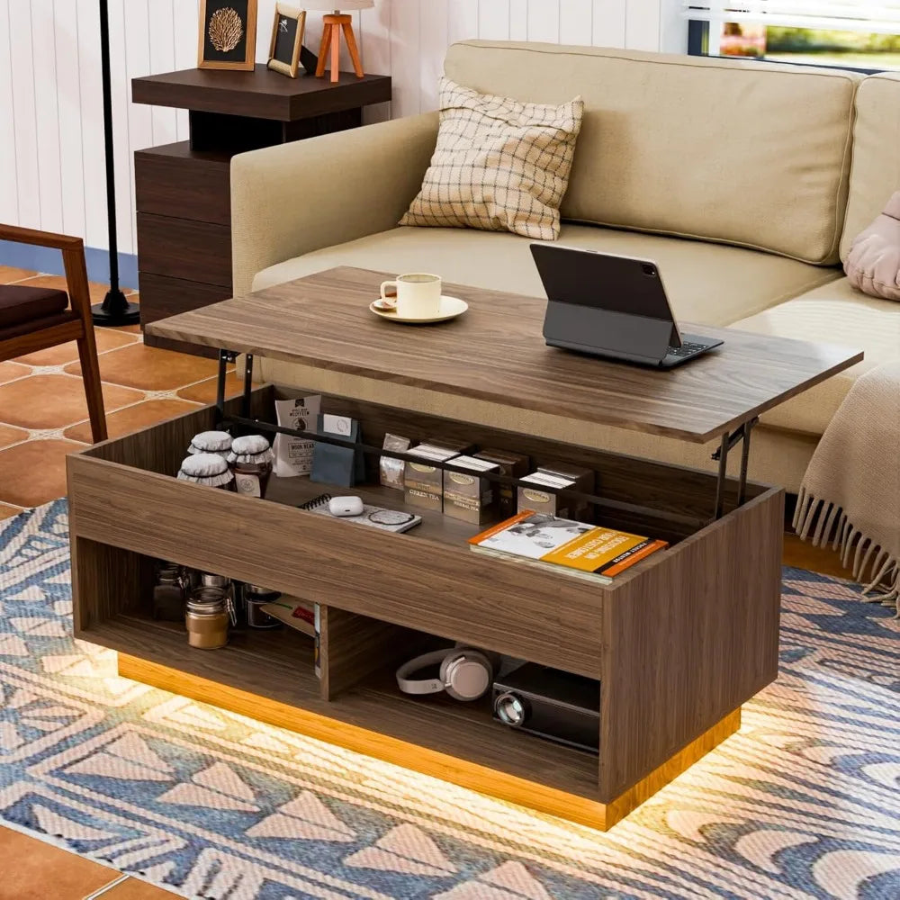 LED Lift Top Coffee Table and TV Stand Set of 2 Desk Coffee Table With Hidden Compartment & 2 Open Shelve Walnut Side Tables