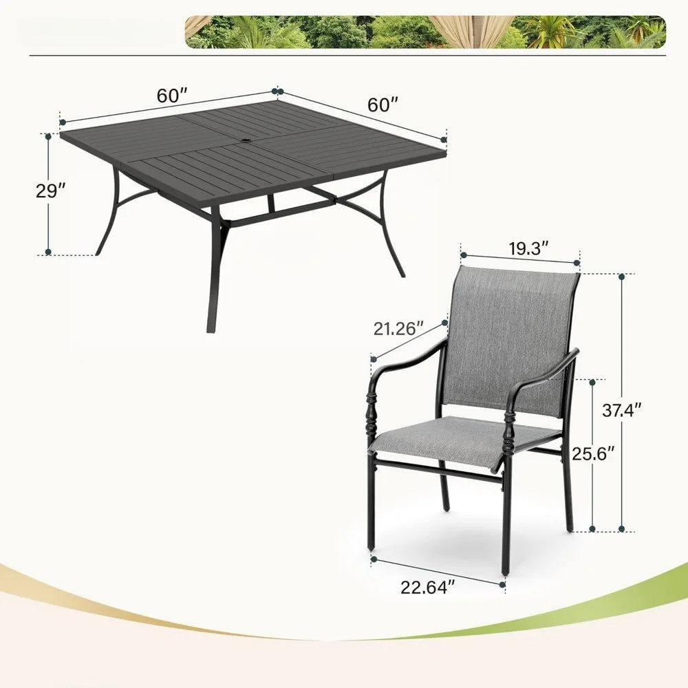 9 Piece Patio Dining Set, 8 X Textilene Dinings Chairs, with 1.57" Umbrella Hole, Outdoor Dining Table Sets