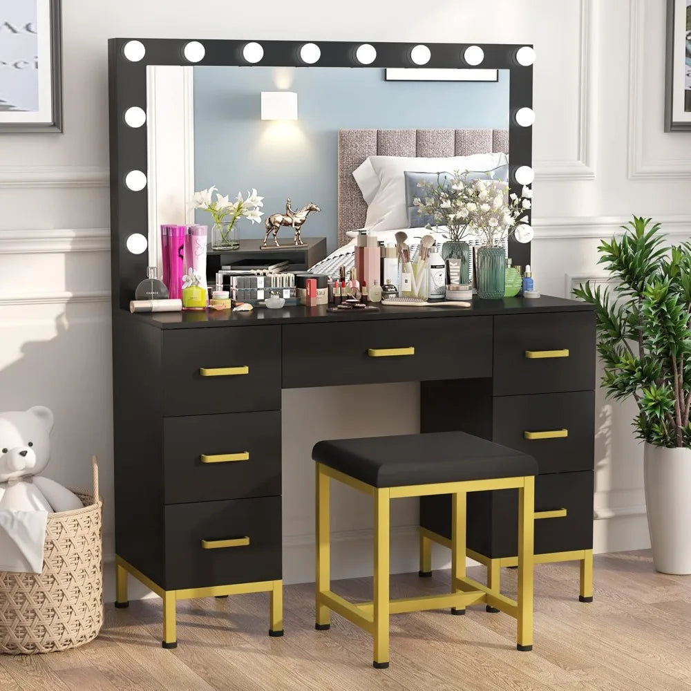 Vanity Makeup Desk - 43.3'' Vanity with Mirror with Lights, 14PCS LED Bulbs, 7 Drawers & Cushioned Stool, Black Vanity