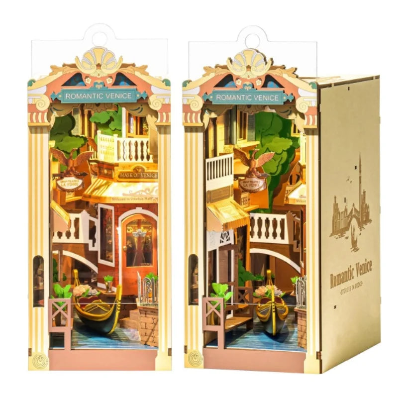 Robotime Romantic Venice Book Nook Kits with LED Lights DIY Miniature House Kit 3D Wooden Puzzle Decoration Gifts for Adults