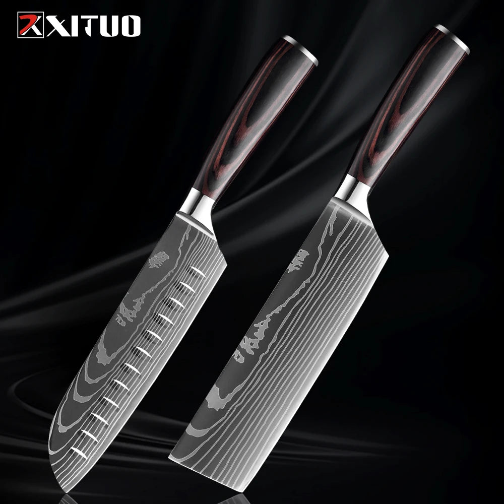 XITUO Kitchen Knife Set 1-9PCS,7Cr17Mov Stainless Steel Sharp Chef Knife Santoku Knife Fruit knife Ergonomic Pakkawood Handle