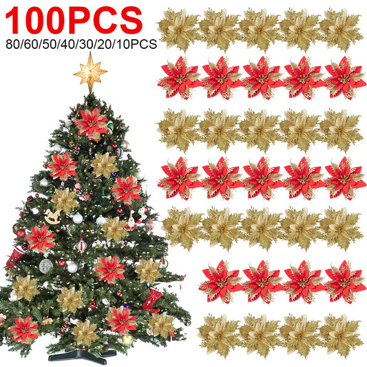 20/10PCS Artificial Poinsettia Flower Merry Christmas Festival Holiday Decoration Garland Christmas Tree Decoration Ornaments