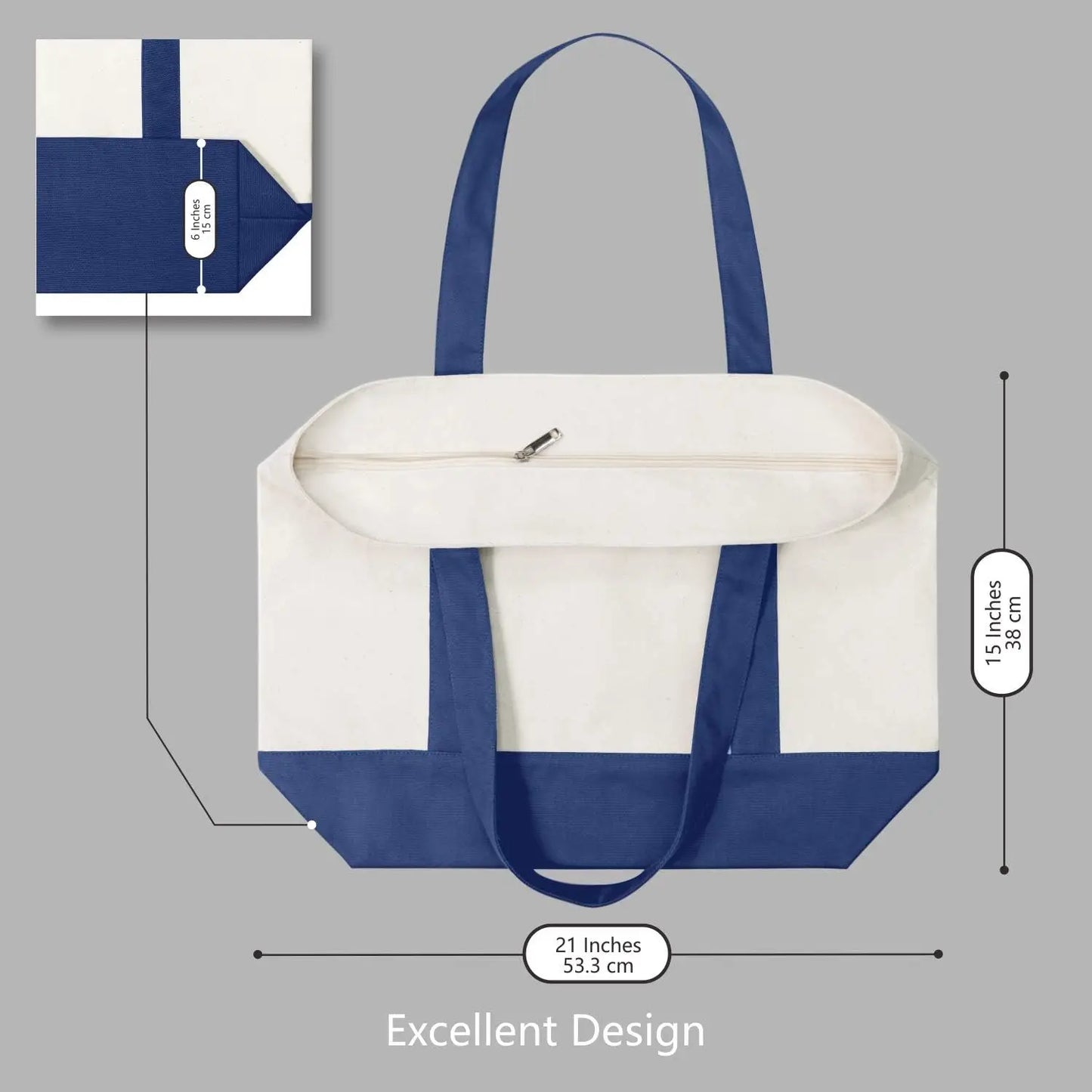 30-Pack Stylish Canvas Tote Bag with an External Pocket, Top Zipper Closure, Daily Essentials (Blue/Natural)