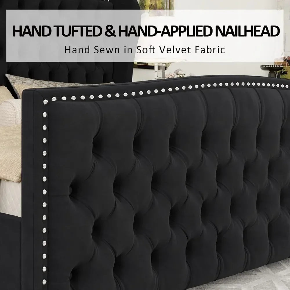 King Size Platform Bed Frame, Velvet Upholstered Bed with Deep Button Tufted & Nailhead Trim Wingback Headboard