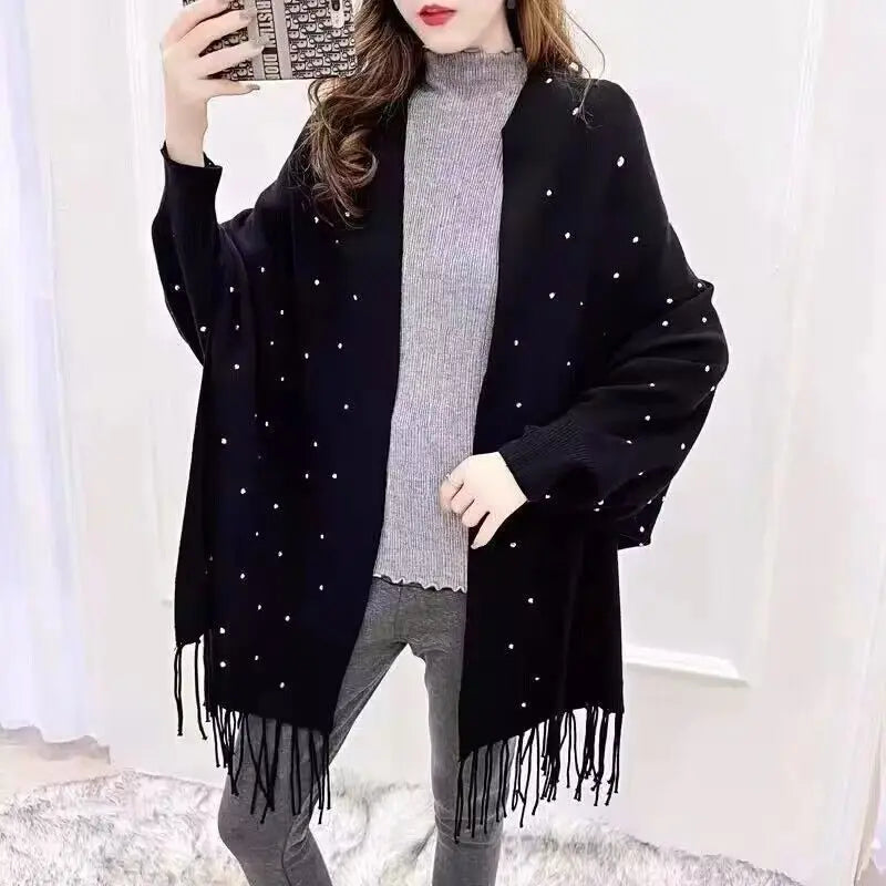 4 Colors Soild Cloak Oversize Beading Crystal Winter Knitted Shawl Poncho Out Wear Coat Gift For Women Shinny Long Sleeves Cape