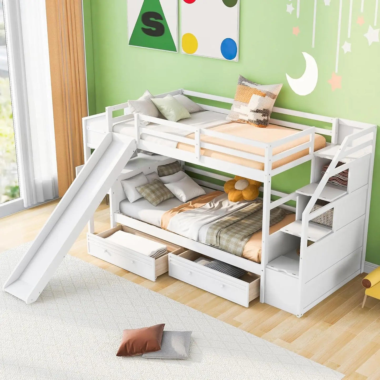 Twin Over Twin Bunk Bed with Stairs and Slide, with Storage Drawers for Kids Girls Boys, Solid Wood Bunk Bed Frame