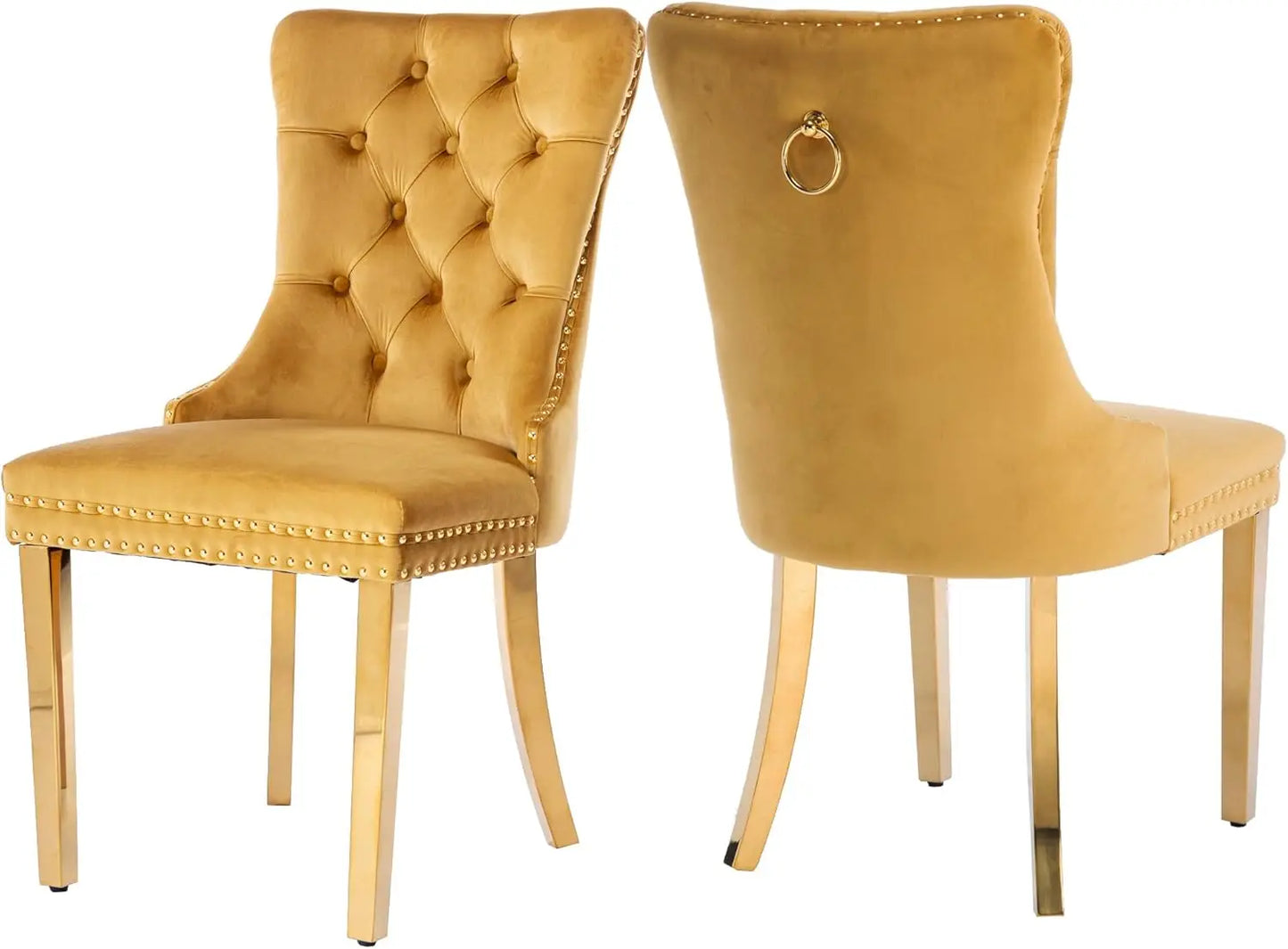 Velvet Dining Chairs Set of 6, Tufted Nailhead Accent Dining Room Chairs with Pull Ring Gold Stainless Steel Legs, free shipping