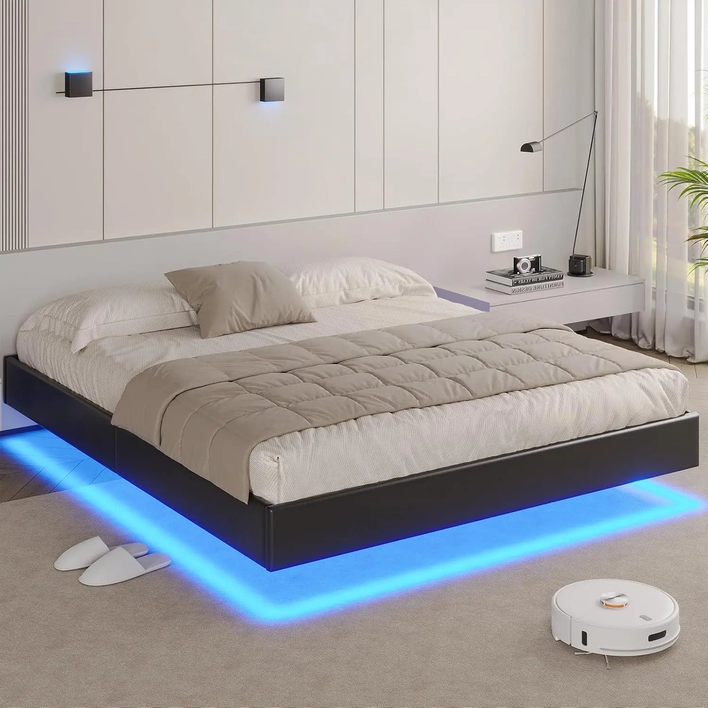 Floating Bed Frame with LED Lights Upholstered Low Profile Platform Bed Frame no Headboard Faux Leather Visual Floating Led Bed