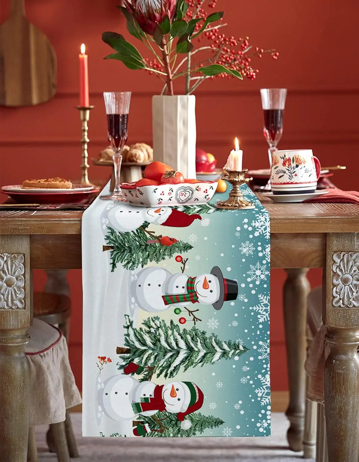 Christmas Snowman Linen Table Runners Dresser Scarf Decorations Reusable Kitchen Home Dining Table Runners Christmas Decorations