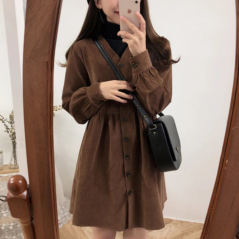 Süße süße Kleider heiße Verkäufe Damenmode Flhjlwoc Retro V-Ausschnitt Vintage Adrette Mädchen lässig lose Mini Button Shirt Kleid