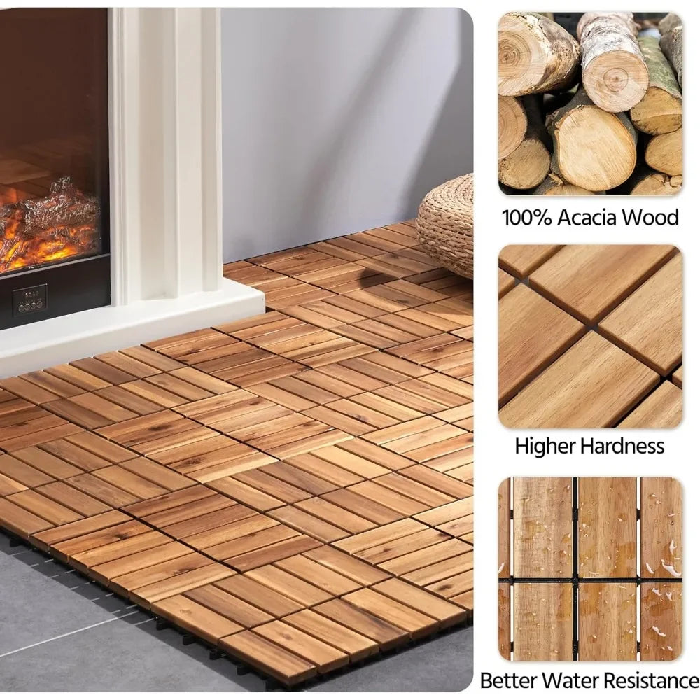 Garden floor, 108 pieces of Acacia wood, anti slip surface interlocking deck bricks, easy to buckle waterproof, garden floor