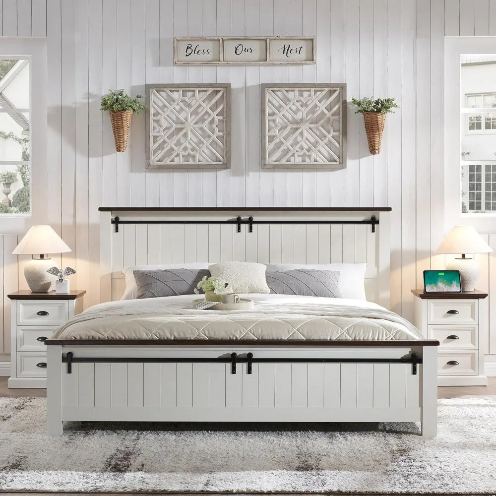 Twin Room Bunk Double Bed Wood Bed Frame With Groove Sliding Barn Door Footboard Queen Beds No Box Spring Needed (White) Bedroom