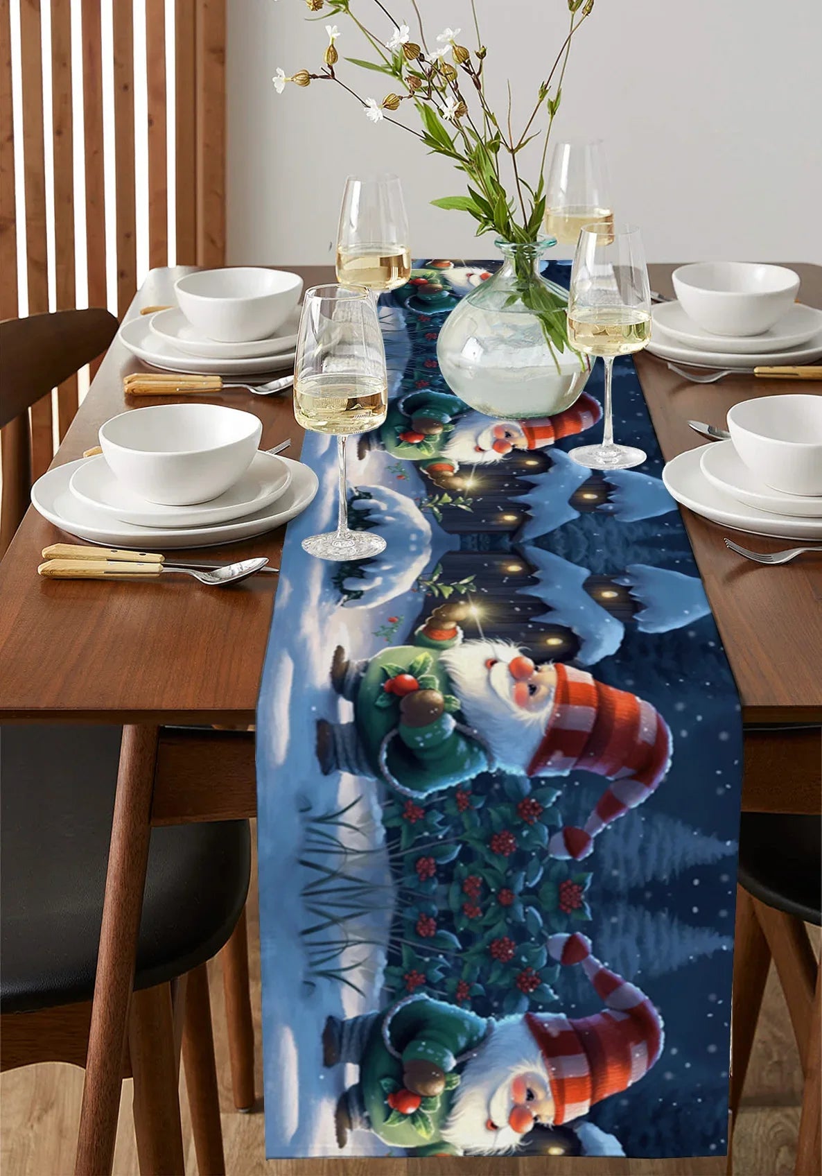 Christmas Dwarfs Gnome Snow Linen Table Runner Wedding Decoration Holiday Kitchen Dining Table Runner for Home Party Decor