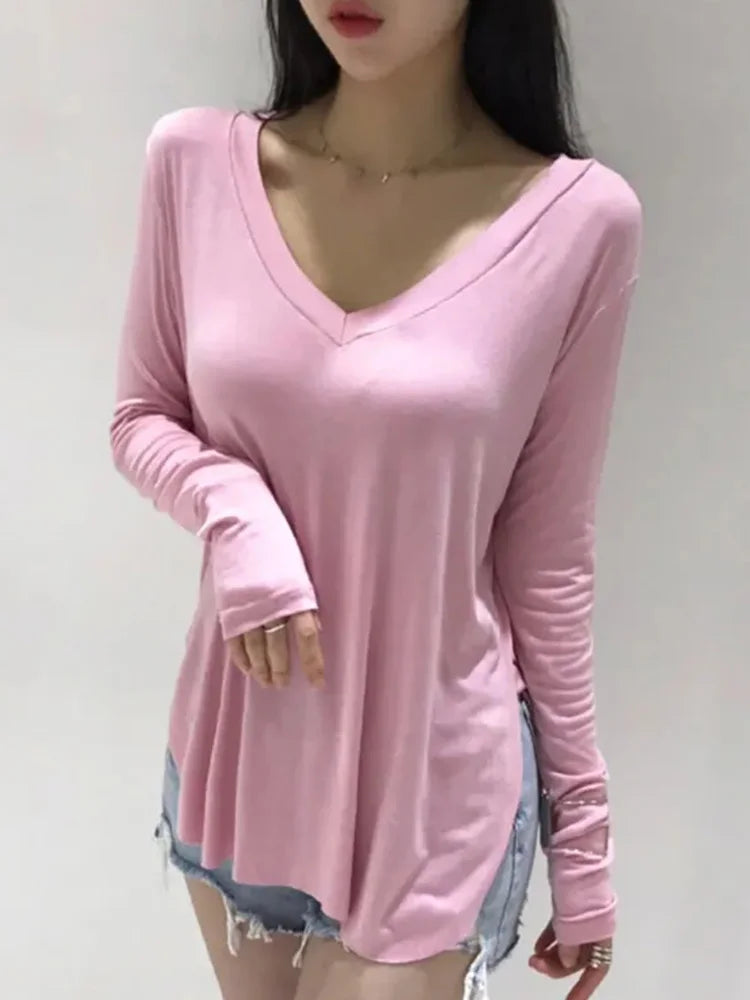 Casual V Neck T Shirt For Women Spring 2023 Korean Style Woman Clothes Basic T Shirts Long Sleeve Tops Loose Tee Shirt Camisetas