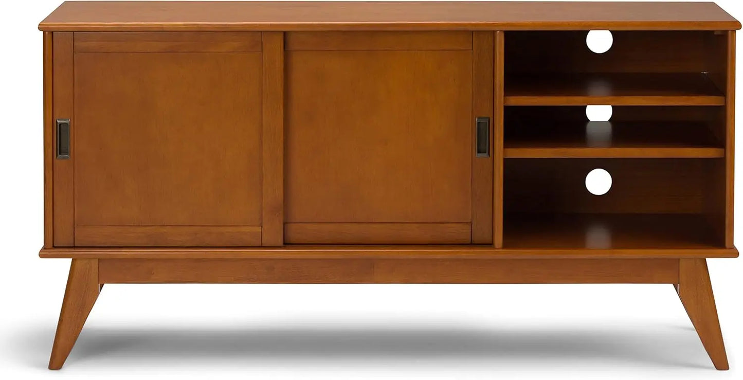 Draper SOLID HARDWOOD 60 Inch Wide Mid Century Modern TV Media Stand in Teak Brown For TVs up to 65 Inches