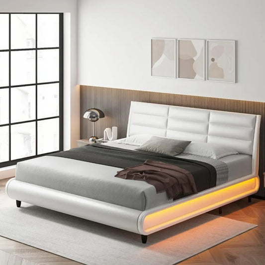 Upholstered Bed Frame with Smart LED, Platform Bed with Adjustable Headboard, Modern Mattress Foundation with Wood Slats