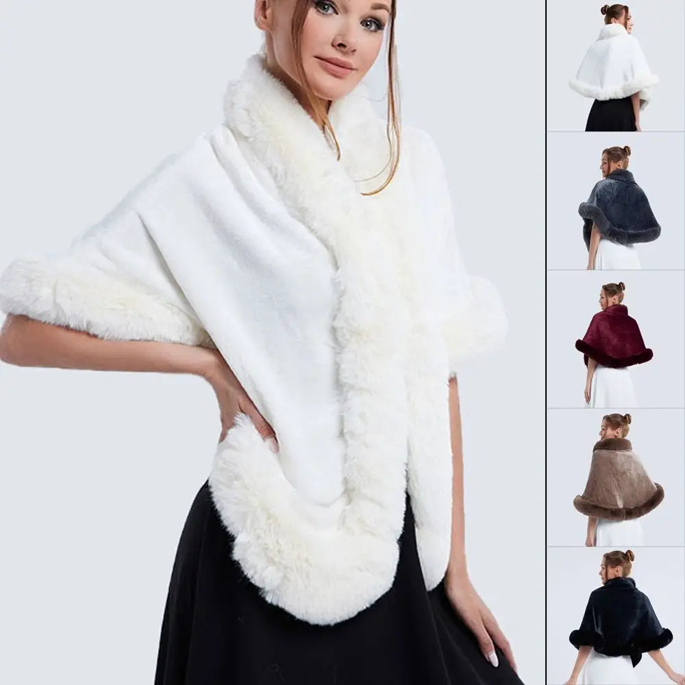 Fashion Winter Warm Plush Shawl Thicken Coat Faux Fur Collar Shawl Cloak Outer