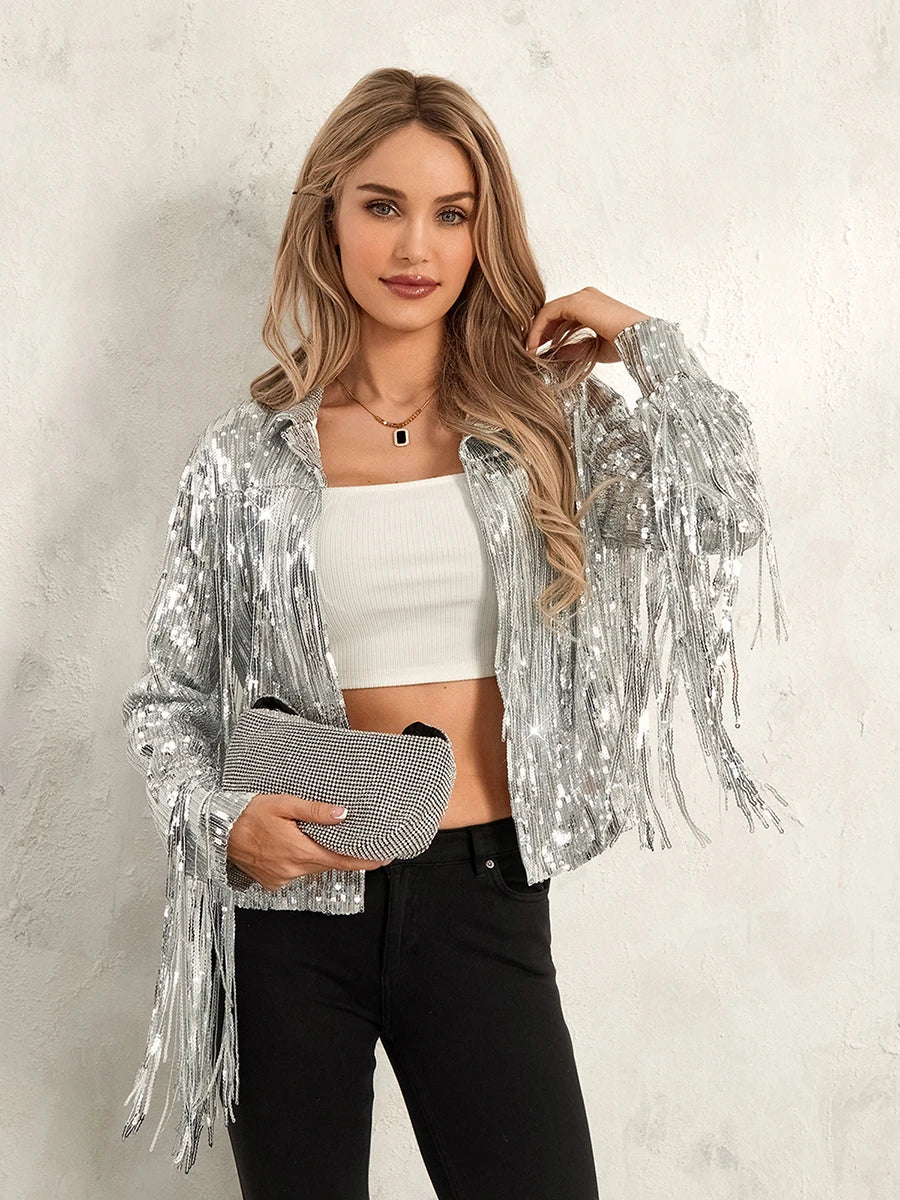 Women s Sequin Party Jackets Sparkly Long Sleeve Open Front Tassel Jackets Blazers Clubwear