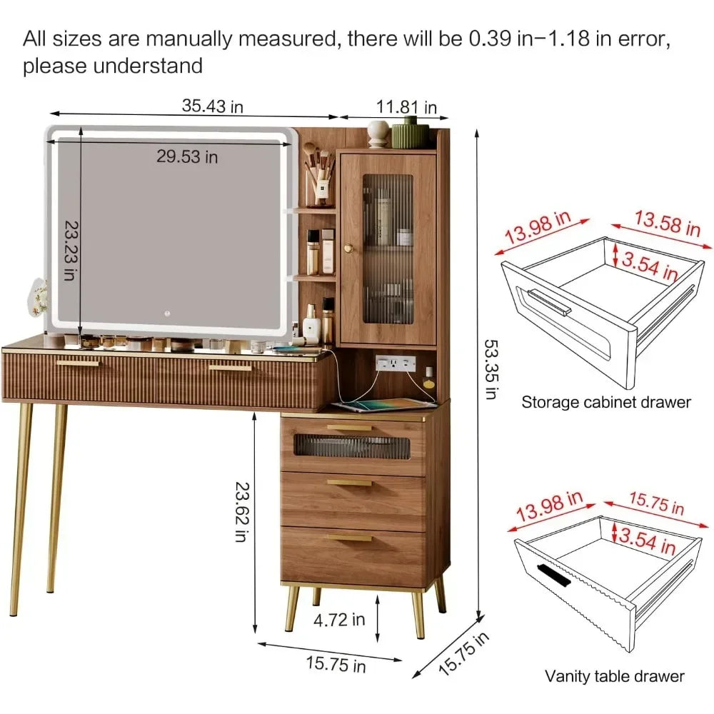 Vanity Desk with 29.53" HD Lighted Mirror, with Mirror and Lights and 5 Drawers and Storage Shelves and Charging Station, Vanity