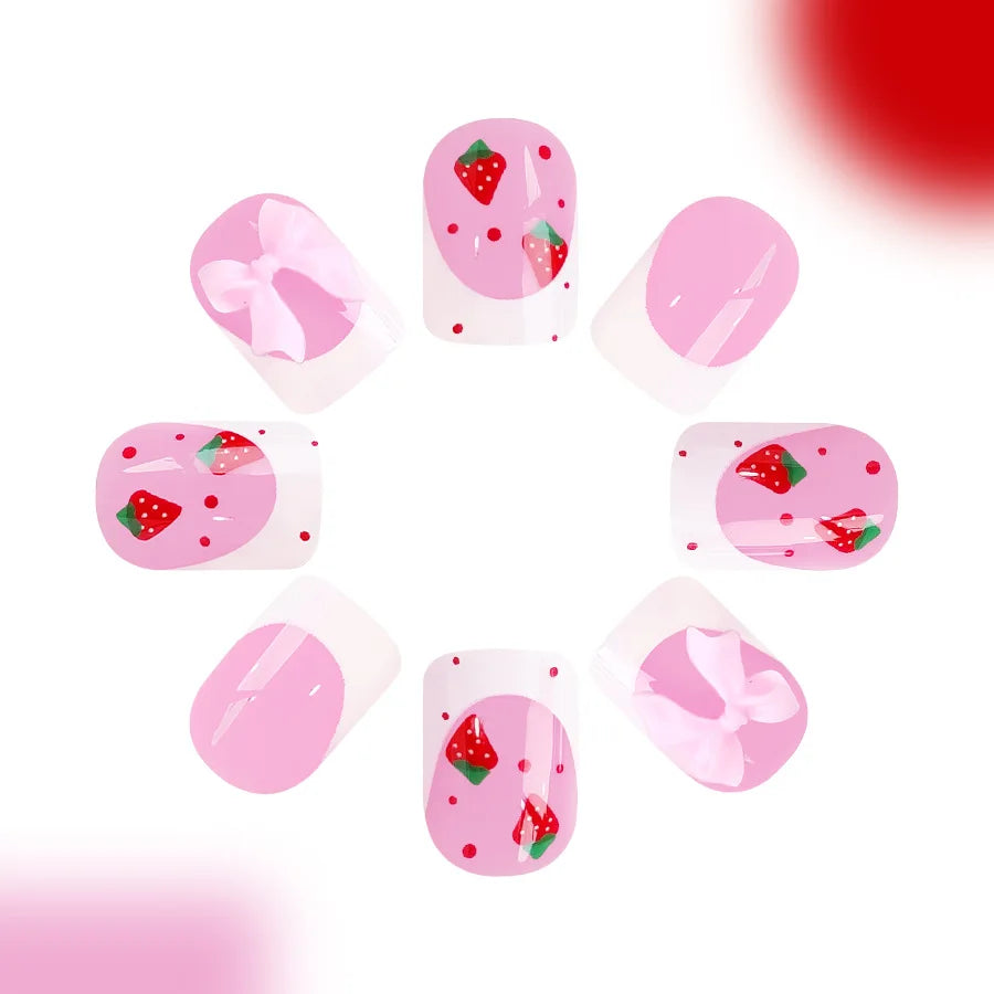 24pcs Red Strawberry Designs Fake Nail Tips 3D Bowknots Decor White French Style Press On Nails Glossy Pink European False Nails