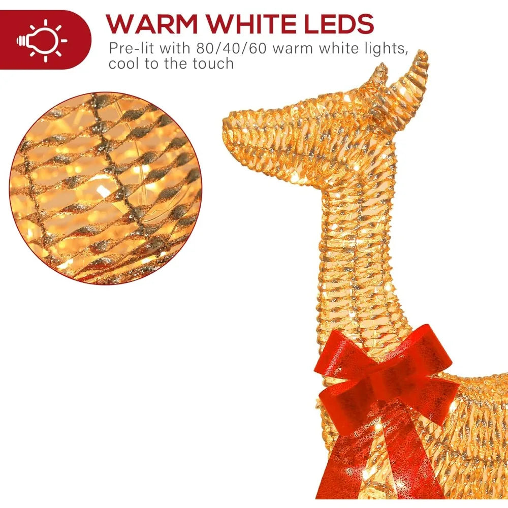 Pre-lit Christmas Reindeers, 2-Piece Lighted Christmas Deers with 130 Warm White LED Lights, Outdoor Reindeer