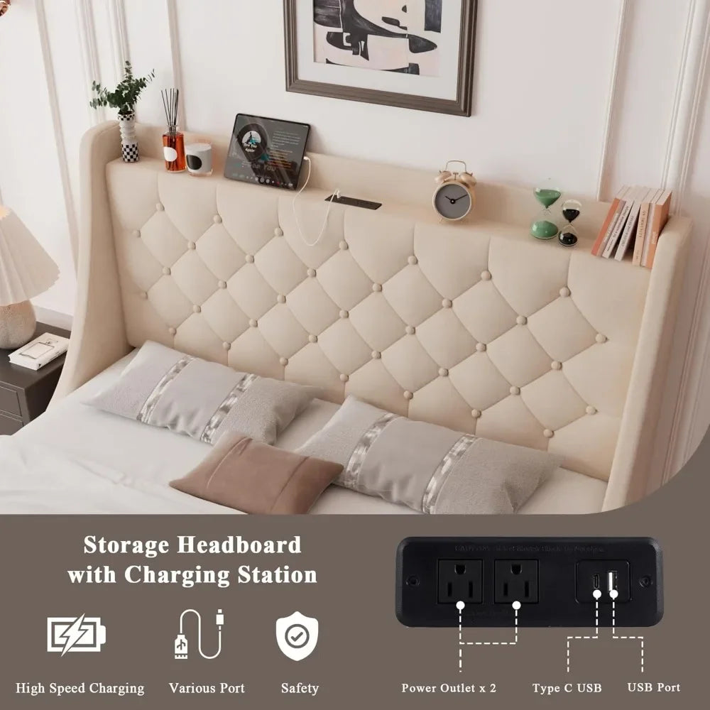 Upholstered Queen Bed Frame with 4 Storage Drawers, Charging Station and Tufted Wingback Storage Headboard,No Box Spring