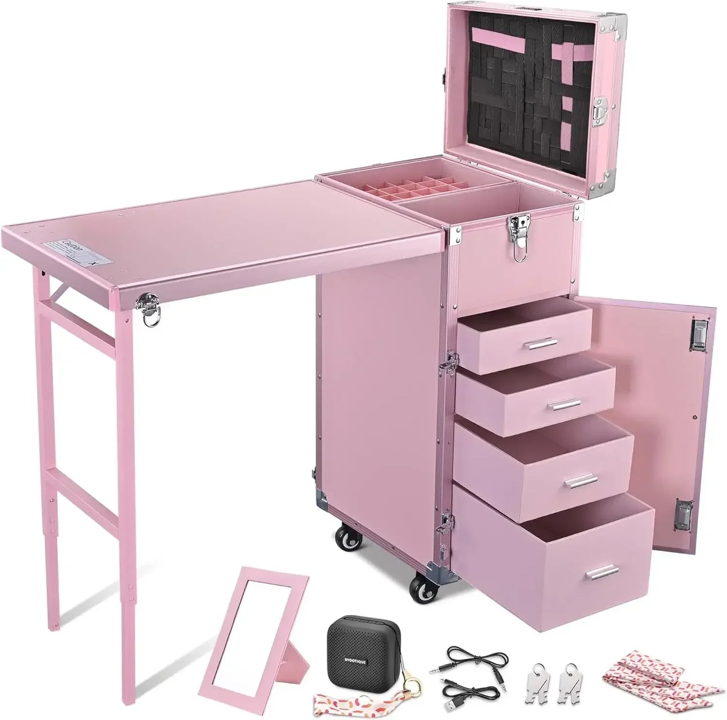 Rolling Manicure Table Foldable Nail Table Makeup Train Case with Desk Cosmetic Trolley Travel Storage Organizer with Speaker