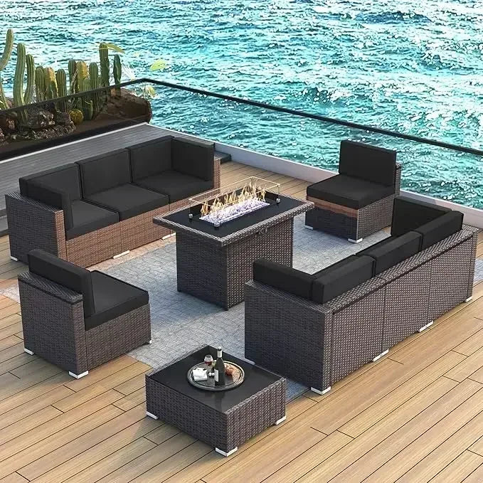 15 Piece Patio Furniture Set ,with Fire Pit Table, Outdoor Conversation Set Wicker Rattan Sectional  with Coffee Table