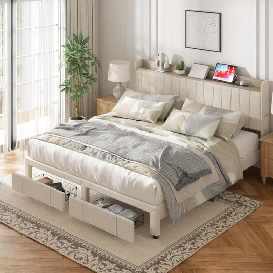 Bed Frame,Upholstered Platform Bed with Storage Drawers No Box Spring Needed Headboard and Charging Station bedstead