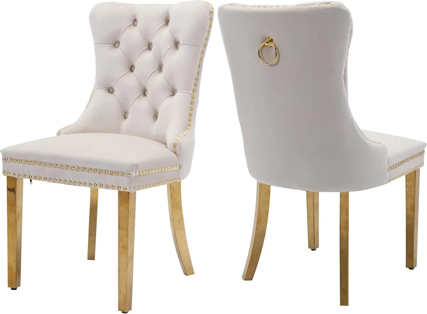 Velvet Dining Chairs Set of 6, Tufted Nailhead Accent Dining Room Chairs with Pull Ring Gold Stainless Steel Legs, free shipping