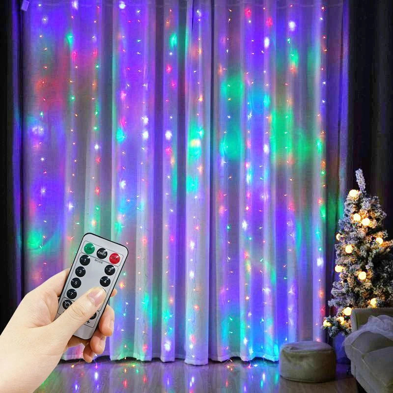 LED Curtain String Lights USB Christmas Garland Decor Fairy Light 8 Modes Remote Control Wedding Holiday Party for Bedroom Home