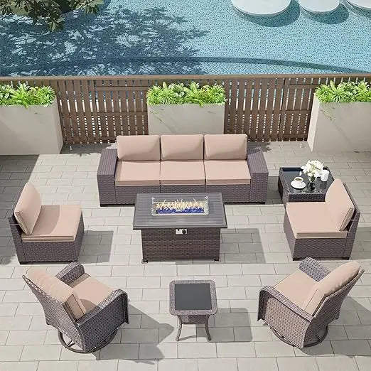 Outdoor Wicker Sofa Sets,with Fire Pit Table,Swivel Rocking Chairs Set,10PCS Outdoor Patio Furniture Set